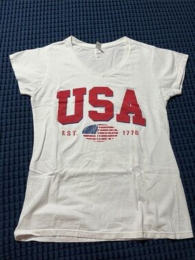 Gildan White V-Neck Tee with Red USA Graphic